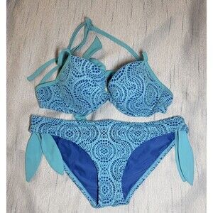 Aerie Bikini Set Blakely Blue Crochet Lace Overlay Padded 34B Top /Small Bottom